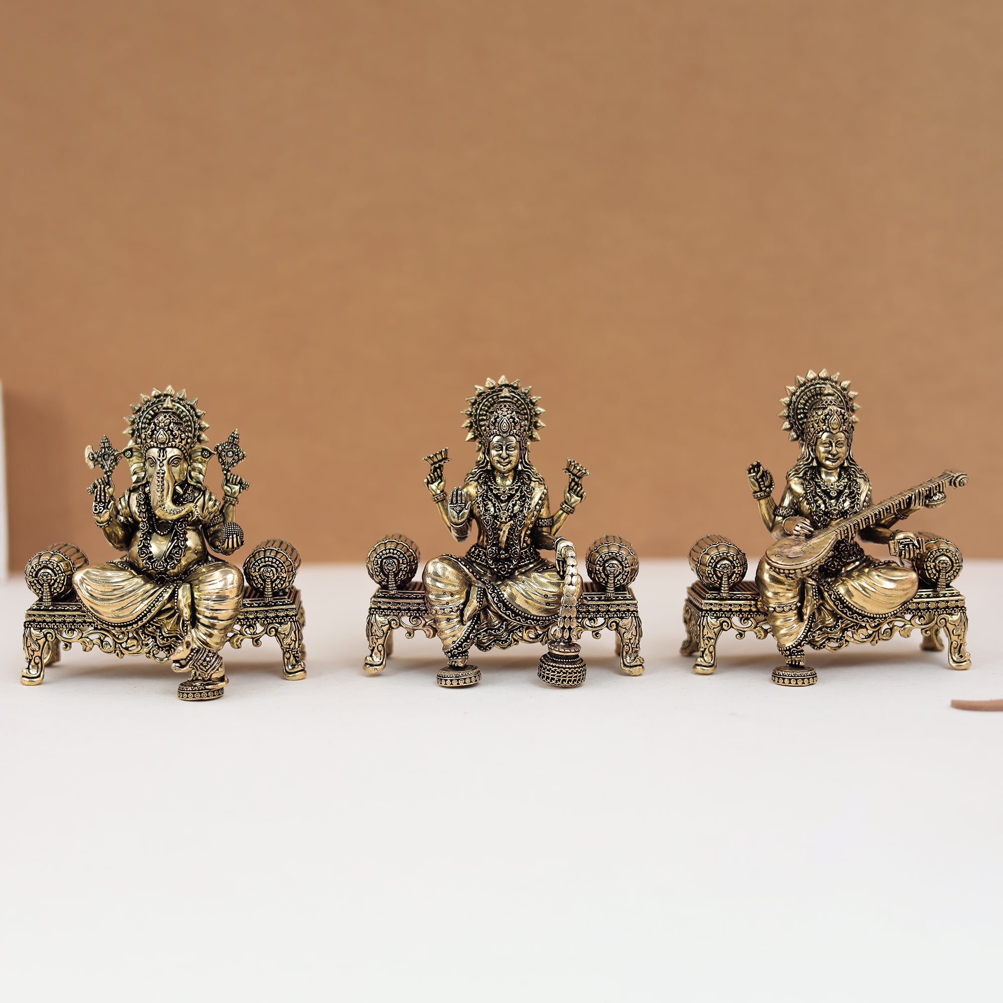 Super Fine Rich Brass Lakshmi Ganesh & Saraswati Set For Festive/Gift In 5 Inches