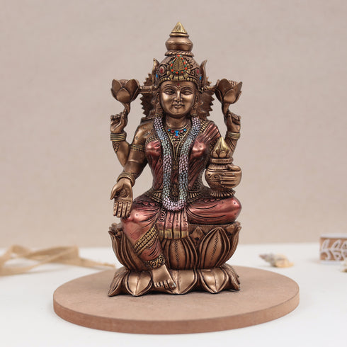 Copper Finish Lotus Lakshmi Murti For Diwali Puja/Gift/Temple/Home Decor (9 Inch)