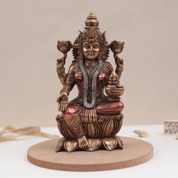 Copper Finish Lotus Lakshmi Murti For Diwali Puja/Gift/Temple/Home Decor (9 Inch)