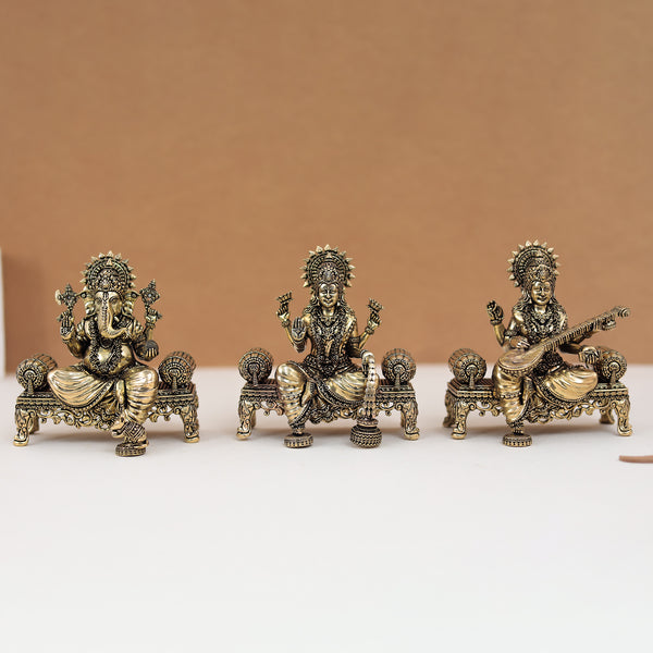 Super Fine Rich Brass Lakshmi Ganesh & Saraswati Set For Festive/Gift In 5 Inches