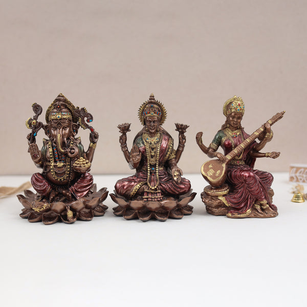 Copper Finish Marble Dust Lakshmi Ganesh Saraswati Trio In 6 & 4 Inch