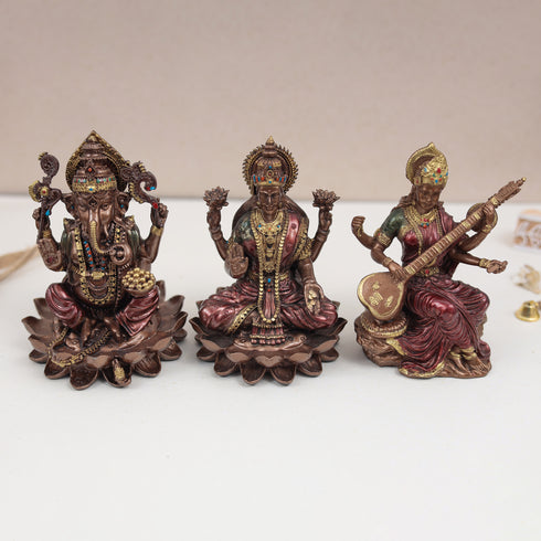 Copper Finish Marble Dust Lakshmi Ganesh Saraswati Trio In 6 & 4 Inch