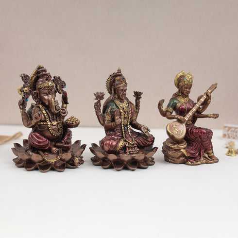 Copper Finish Marble Dust Lakshmi Ganesh Saraswati Trio In 6 & 4 Inch