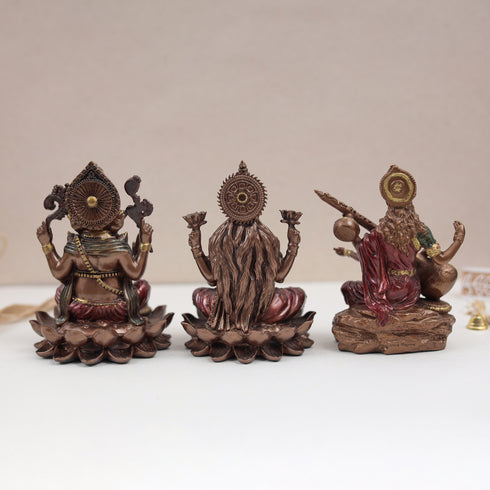 Copper Finish Marble Dust Lakshmi Ganesh Saraswati Trio In 6 & 4 Inch