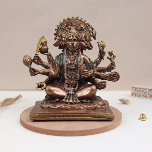 Seated Panchmukhi Hanuman Blessing Statue in Copper Finish | 8 Inches