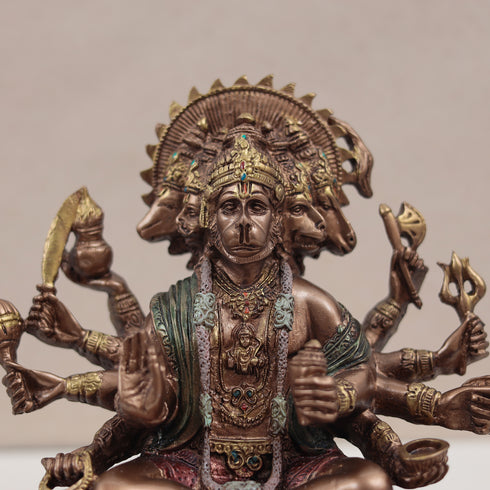 Seated Panchmukhi Hanuman Blessing Statue in Copper Finish | 8 Inches