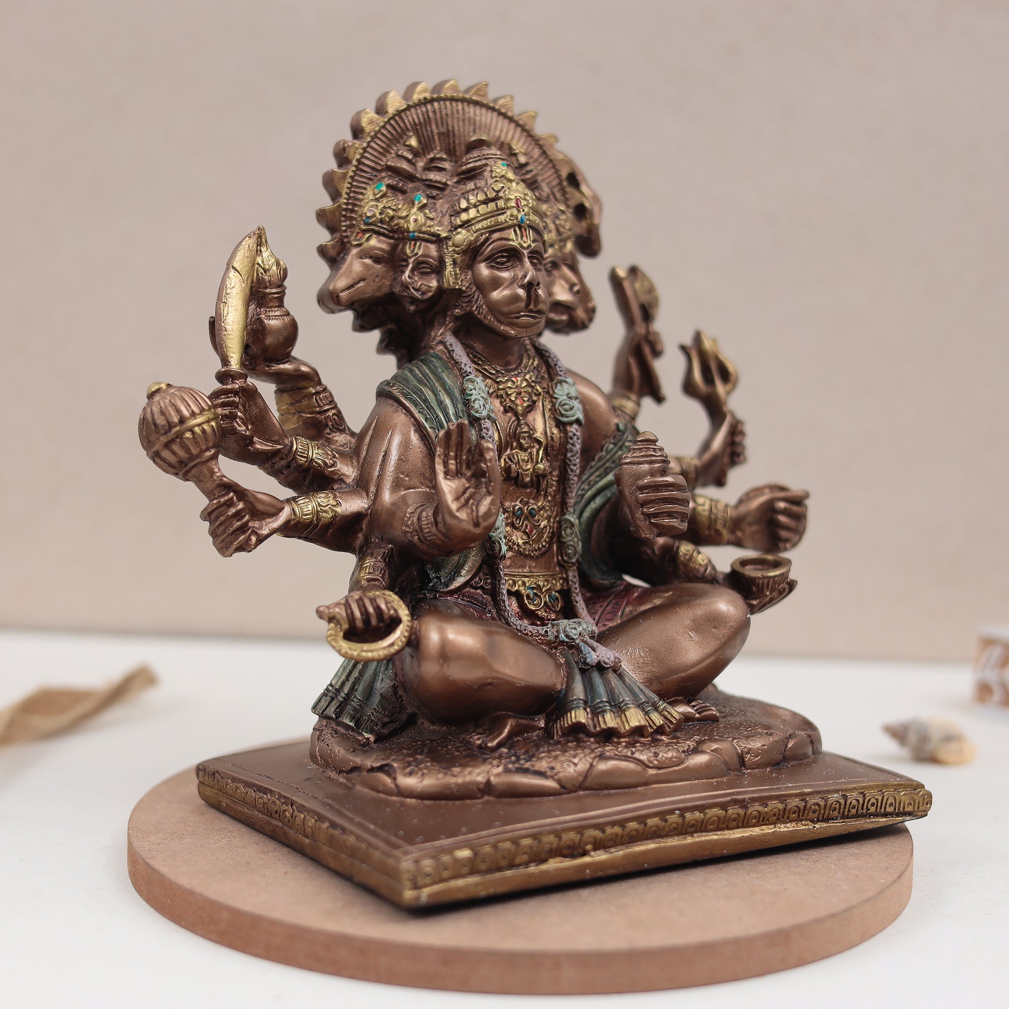 Seated Panchmukhi Hanuman Blessing Statue in Copper Finish | 8 Inches
