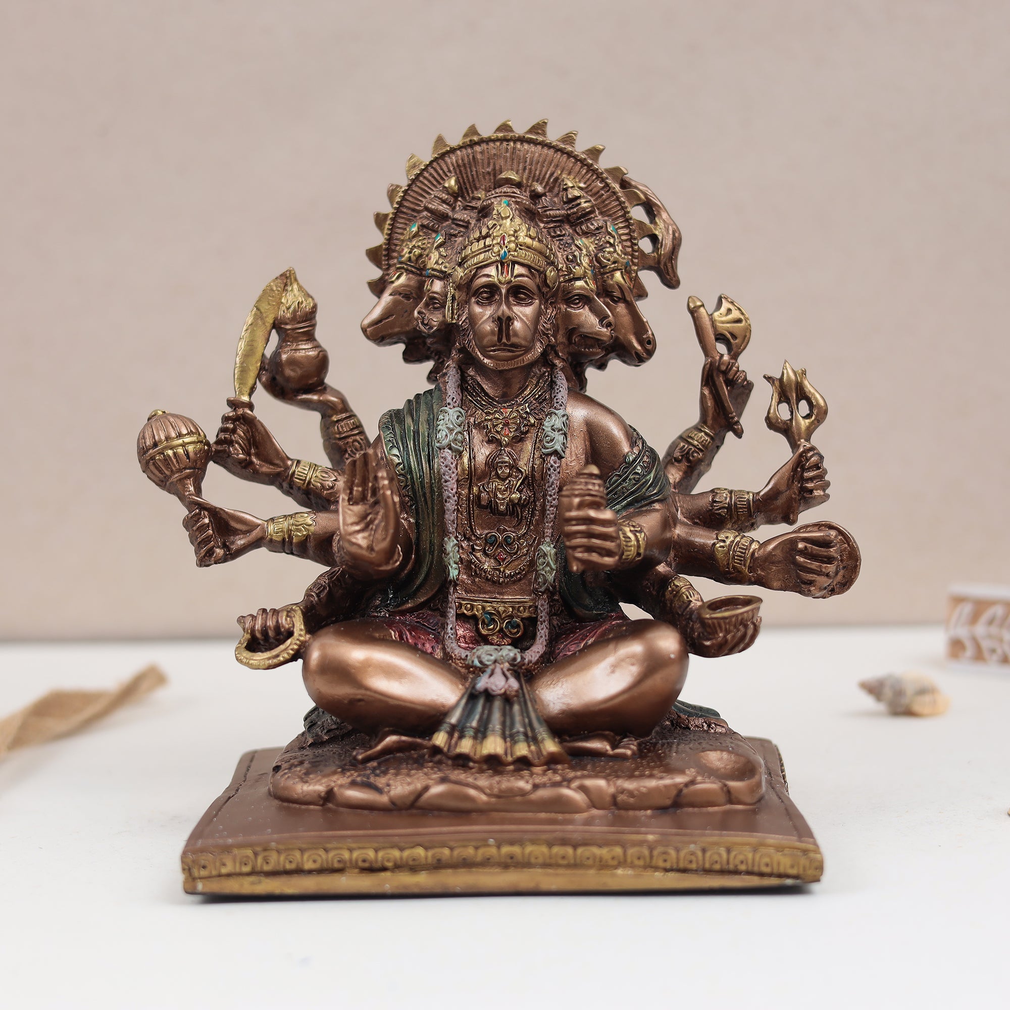 Seated Panchmukhi Hanuman Blessing Statue in Copper Finish | 8 Inches