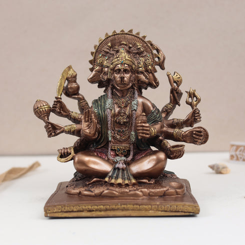 Seated Panchmukhi Hanuman Blessing Statue in Copper Finish | 8 Inches