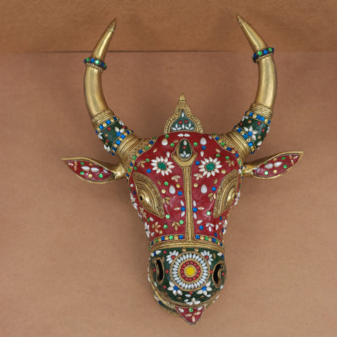 Premium Brass Cow Head/Nandi Face Wall Hanging With Meenakari Stone Work
