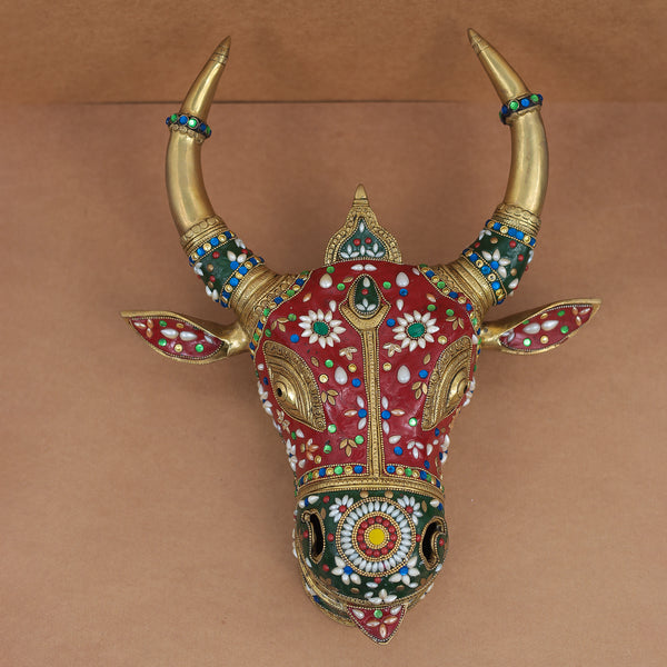 Premium Brass Cow Head/Nandi Face Wall Hanging With Meenakari Stone Work