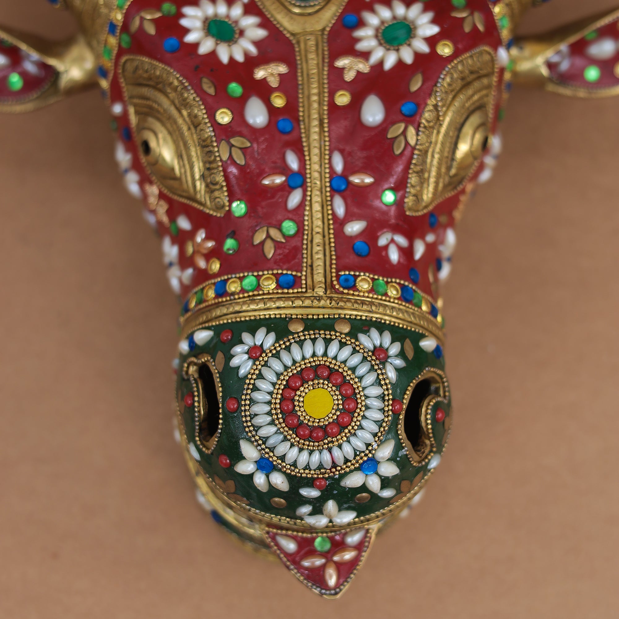 Premium Brass Cow Head/Nandi Face Wall Hanging With Meenakari Stone Work