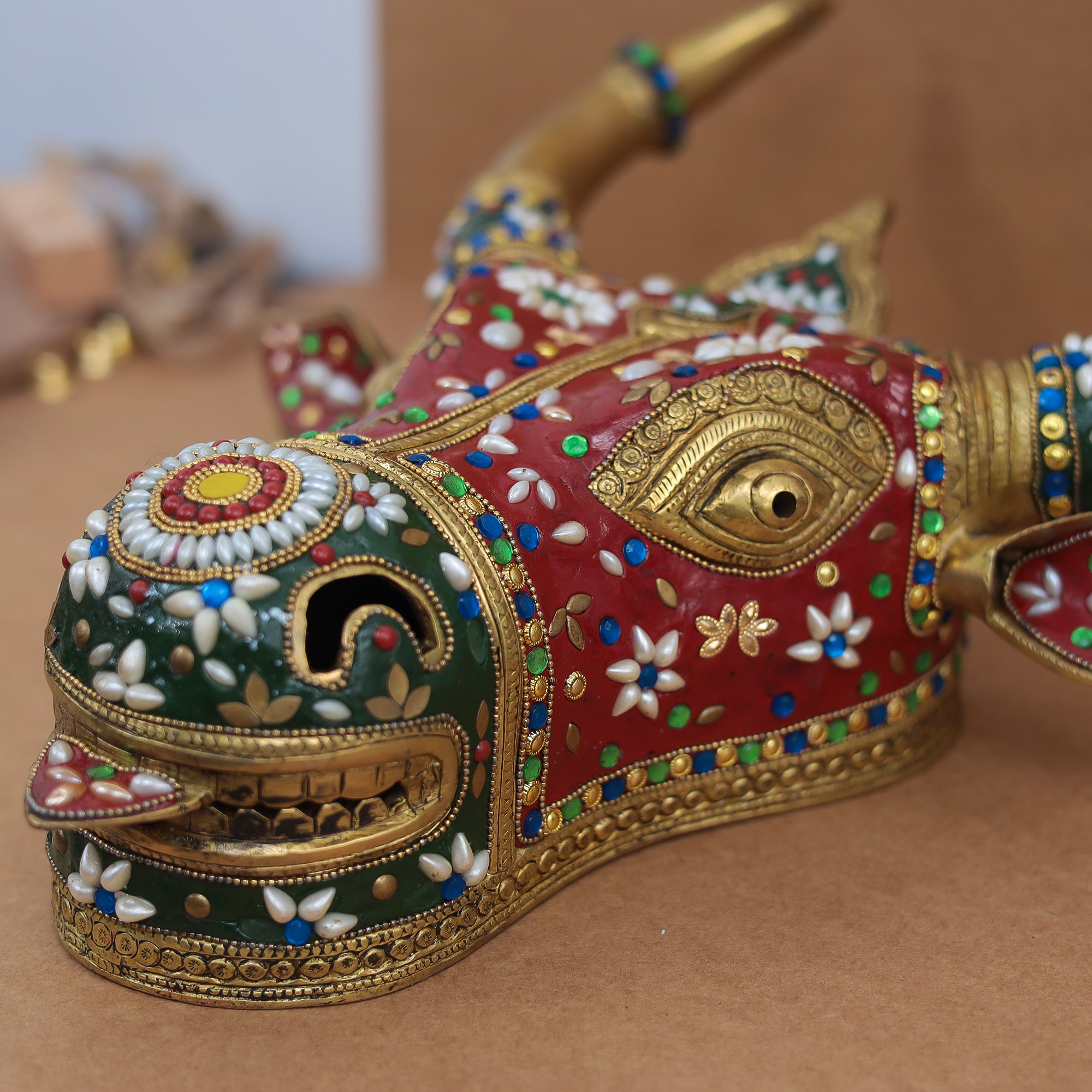 Premium Brass Cow Head/Nandi Face Wall Hanging With Meenakari Stone Work