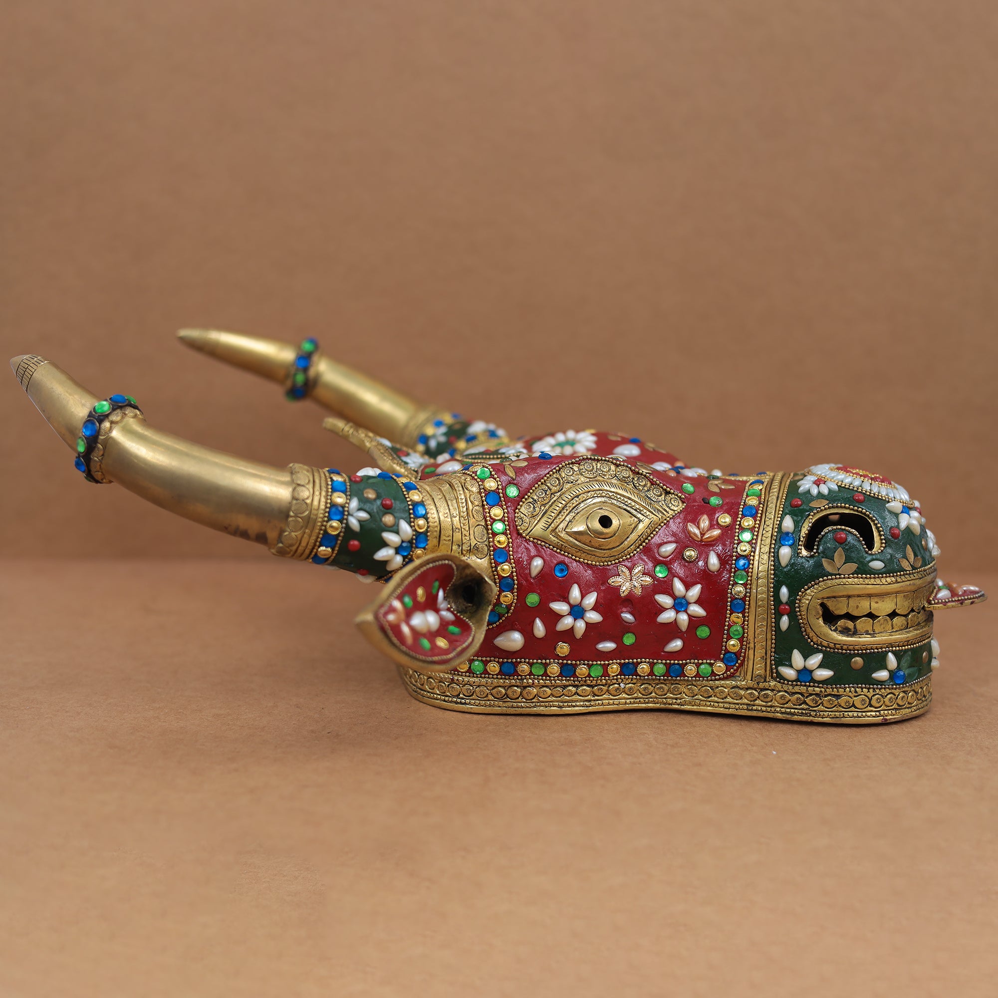 Premium Brass Cow Head/Nandi Face Wall Hanging With Meenakari Stone Work