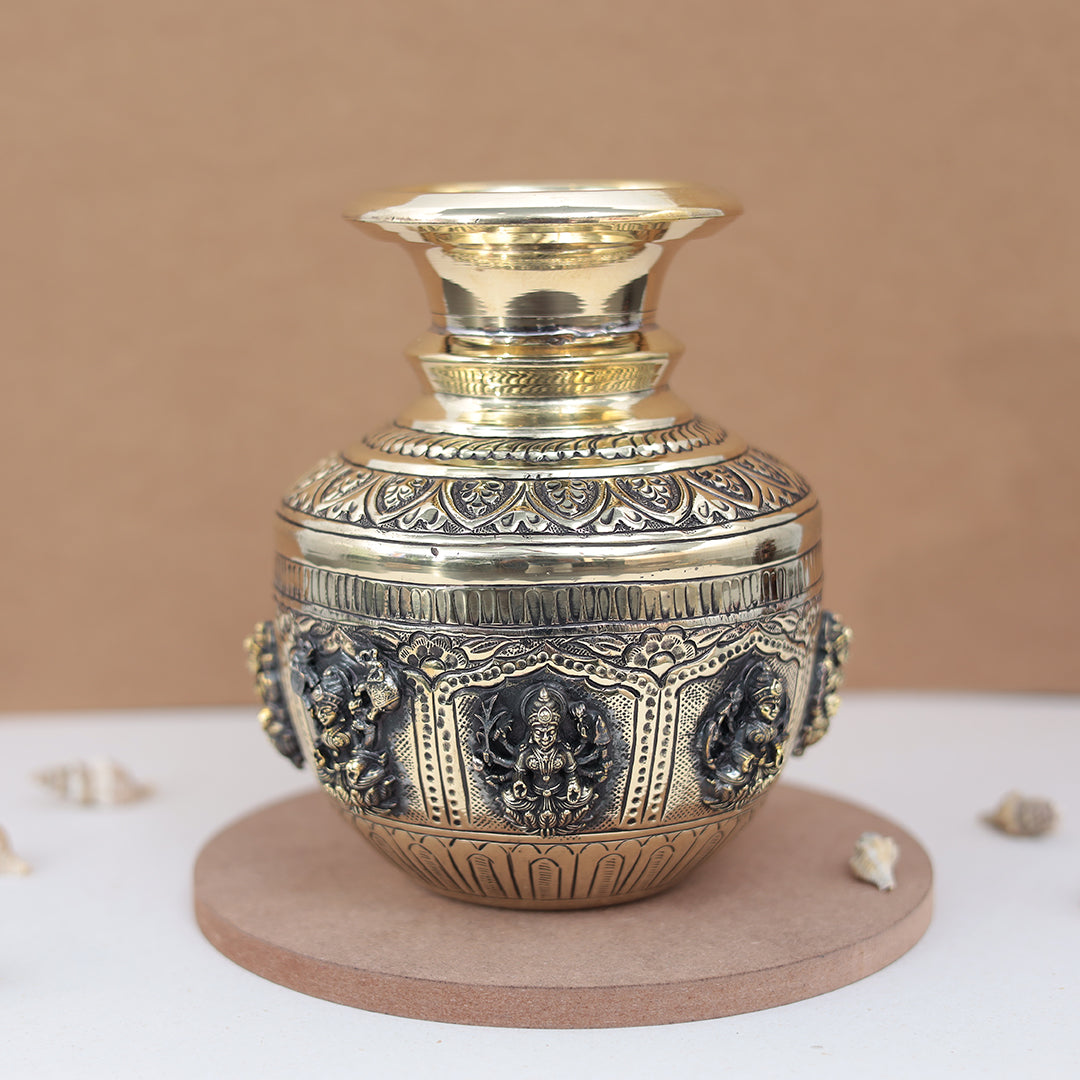 Pure Brass Ashta Lakshmi Kalash (Sacred Vessel) In 8 Inches