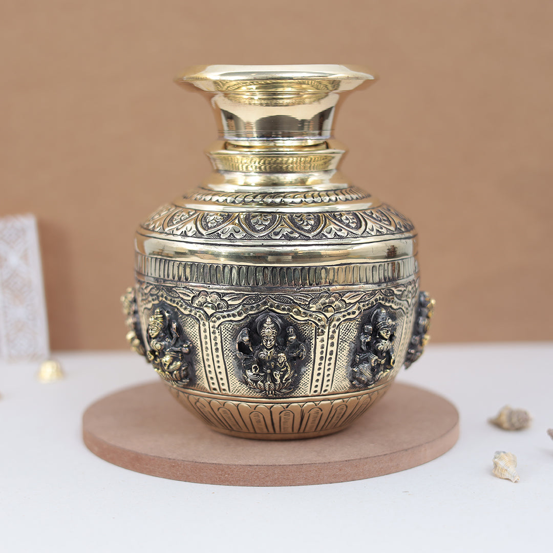 Pure Brass Ashta Lakshmi Kalash (Sacred Vessel) In 8 Inches