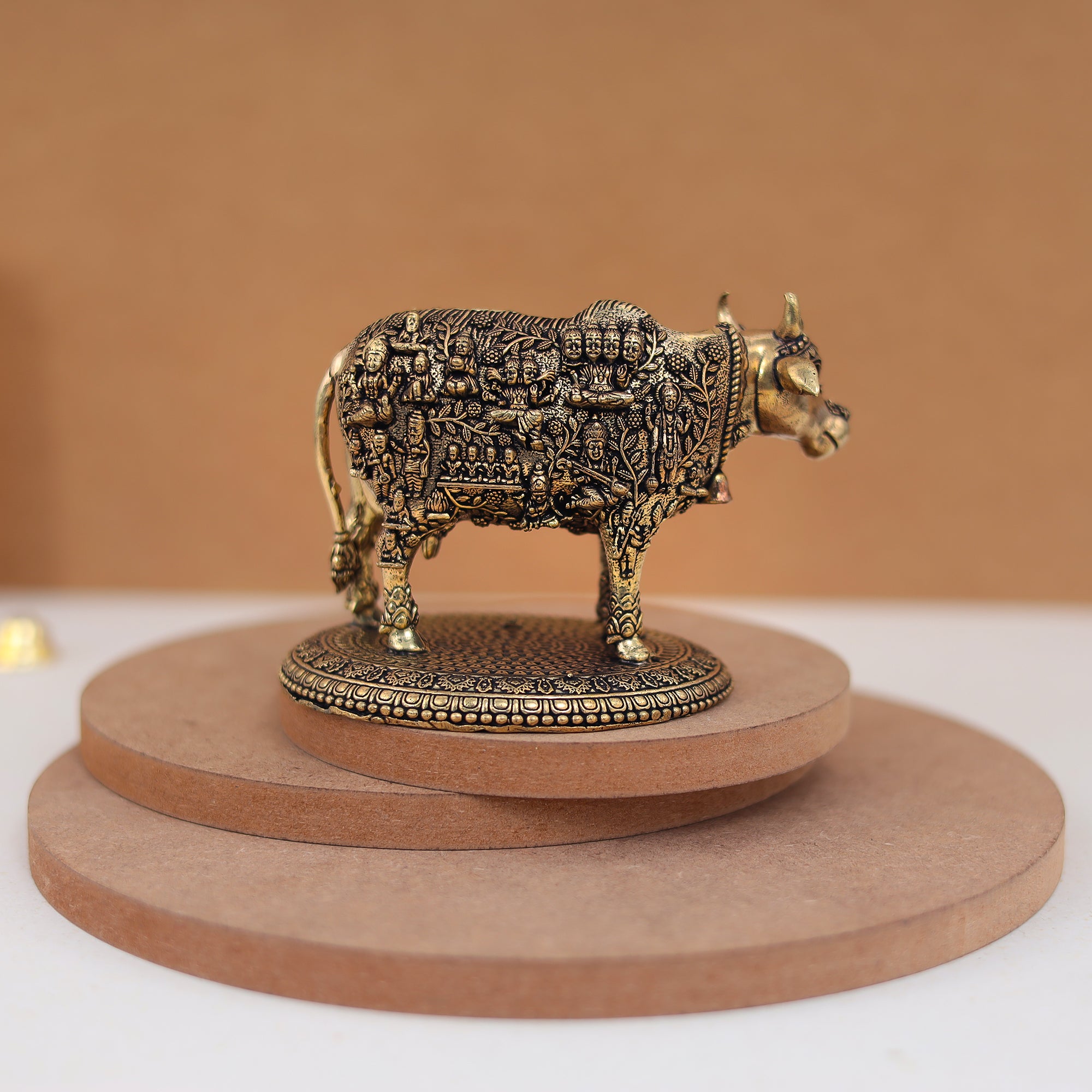 Divine Pure Brass Kamdhenu Cow with Deities/the celestial cow In 3.5 & 3 Inches, embody all gods and goddesses within her form