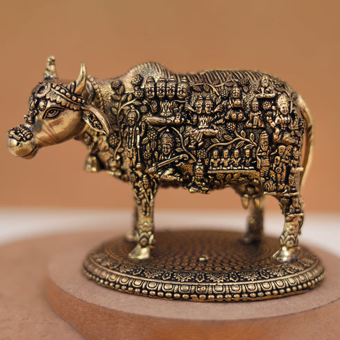 Divine Pure Brass Kamdhenu Cow with Deities/the celestial cow In 3.5 & 3 Inches, embody all gods and goddesses within her form