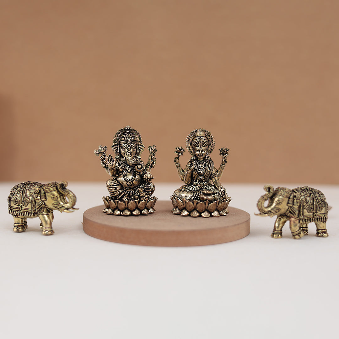 Diwali Special Brass Lakshmi and Ganesh Set With Elephant Pair