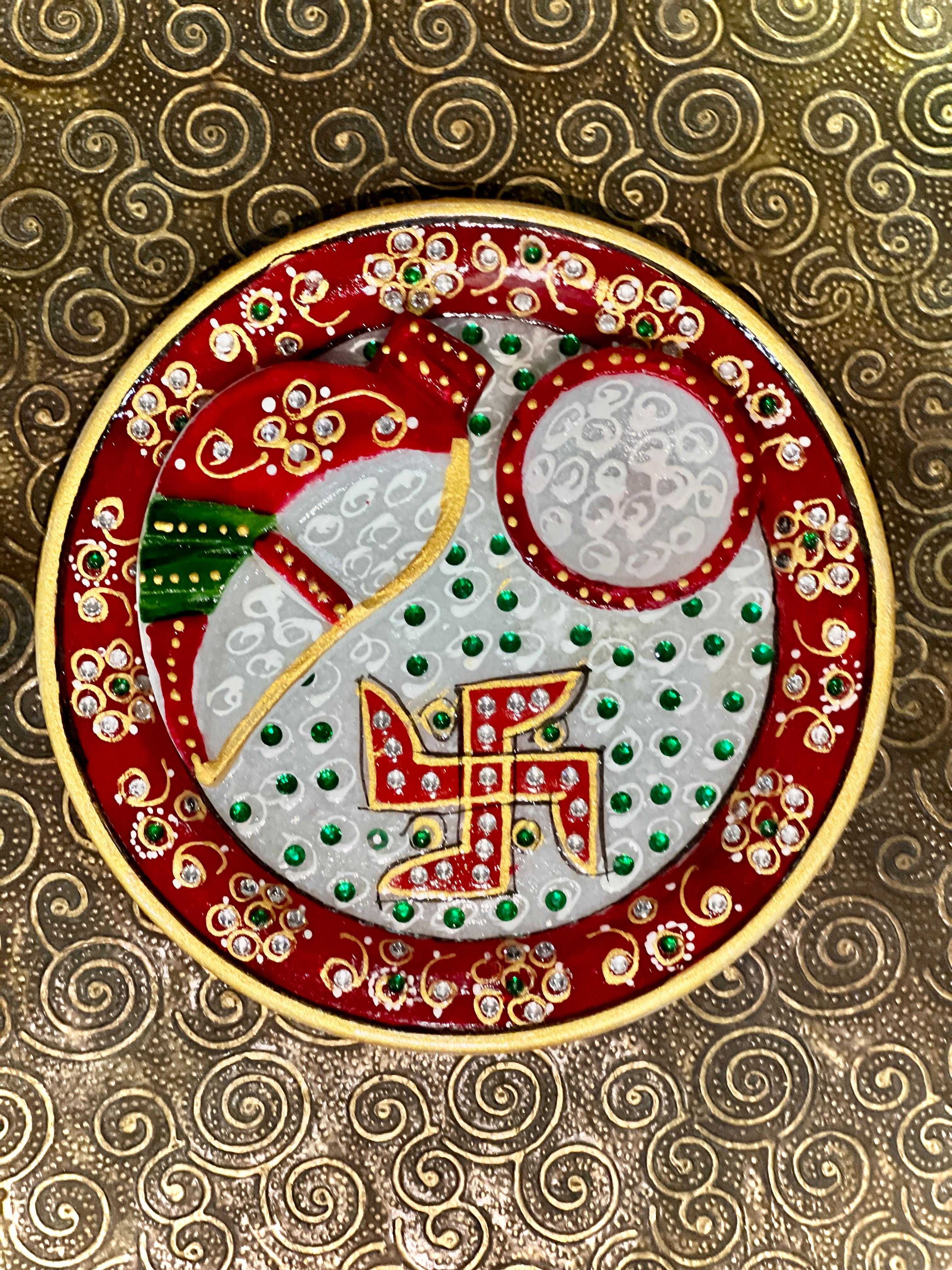 Hand painted Marble Puja Thali With Stone work 6 inches