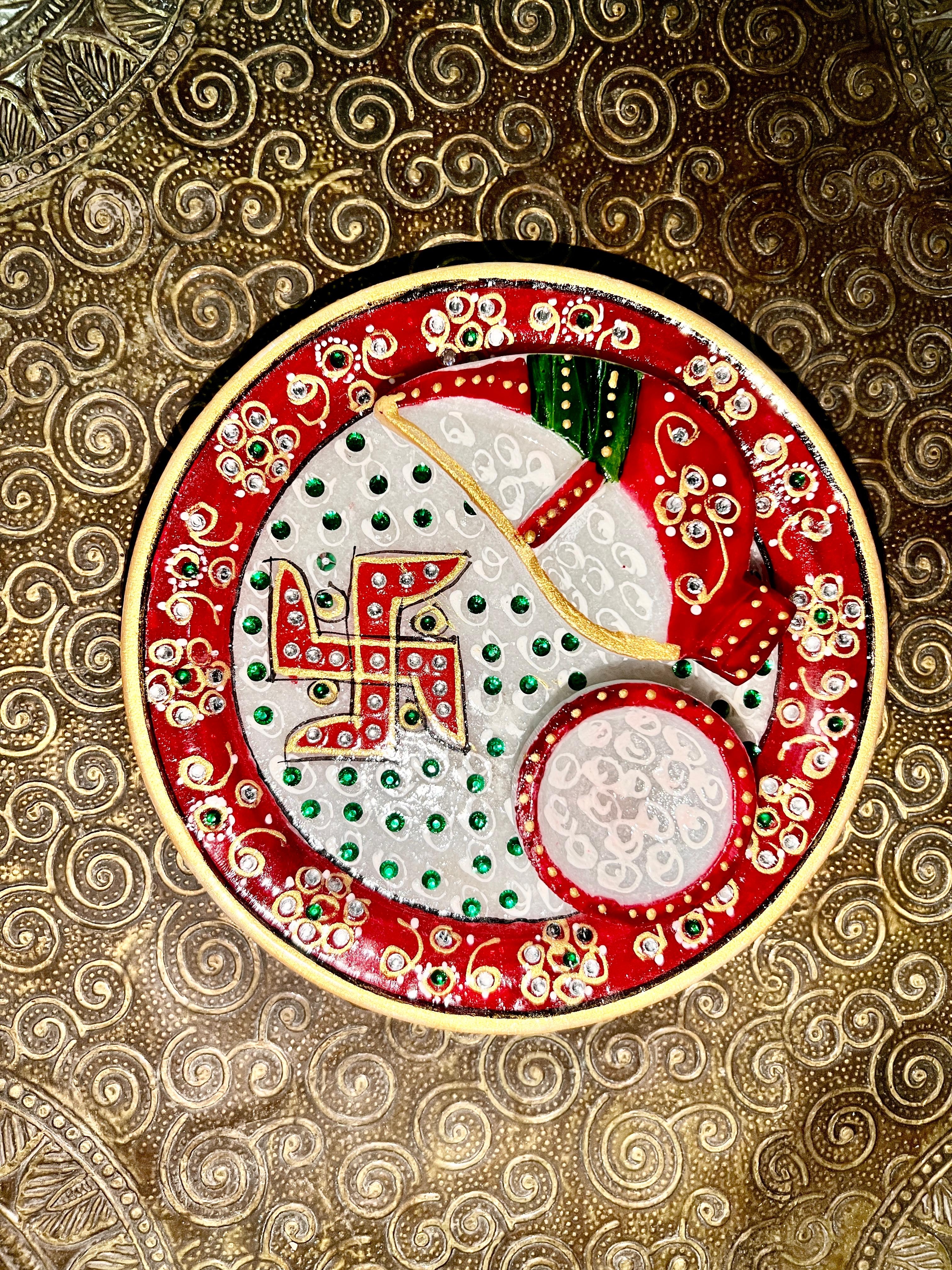 Hand painted Marble Puja Thali With Stone work 6 inches
