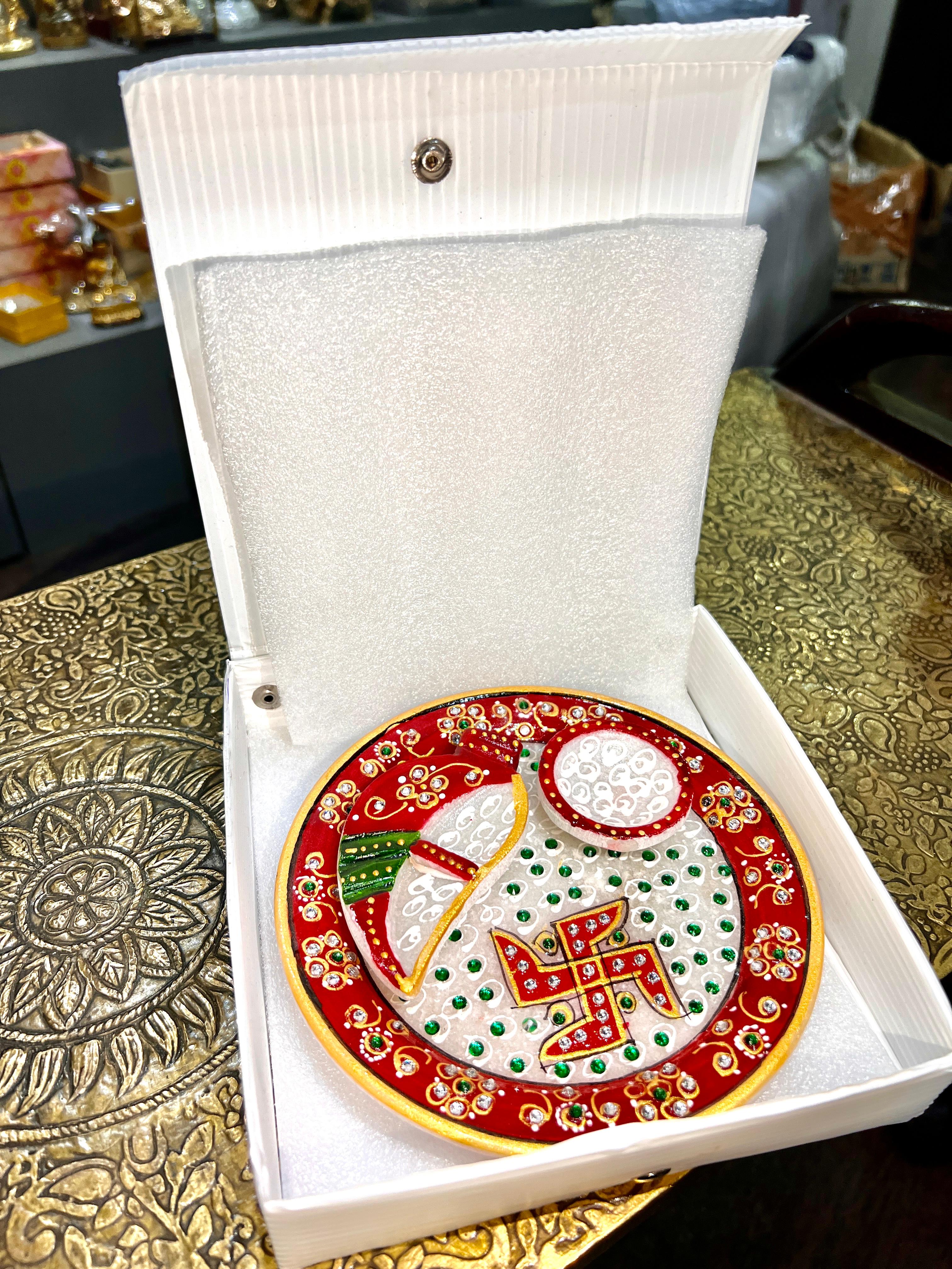 Hand painted Marble Puja Thali With Stone work 6 inches