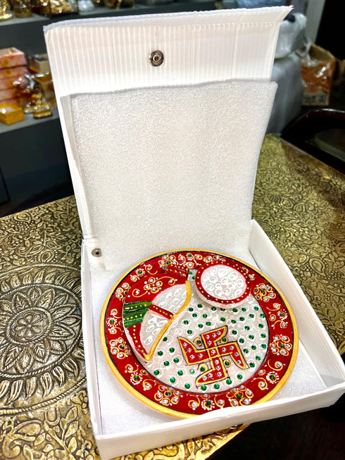 Hand painted Marble Puja Thali With Stone work 6 inches