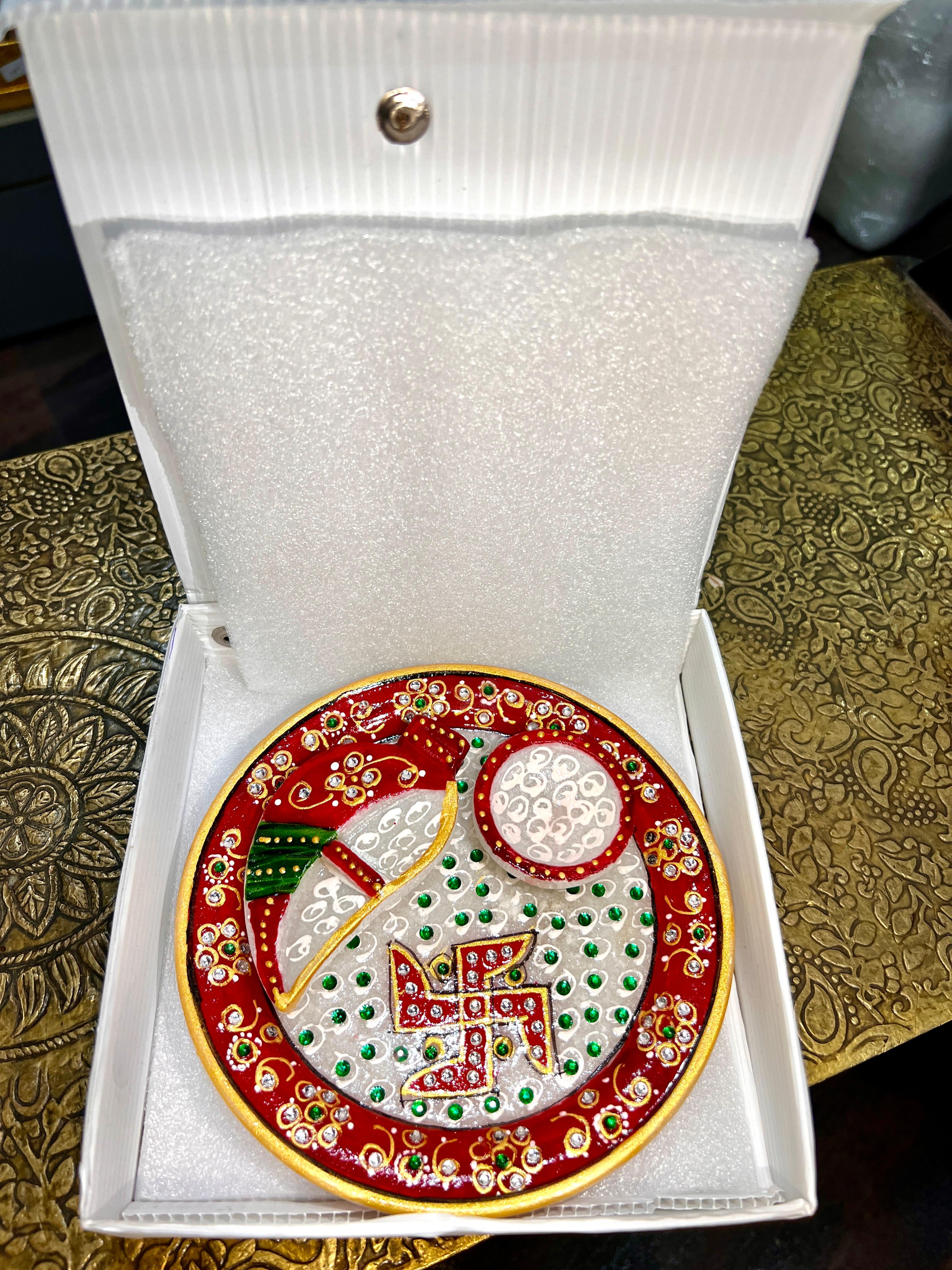 Hand painted Marble Puja Thali With Stone work 6 inches