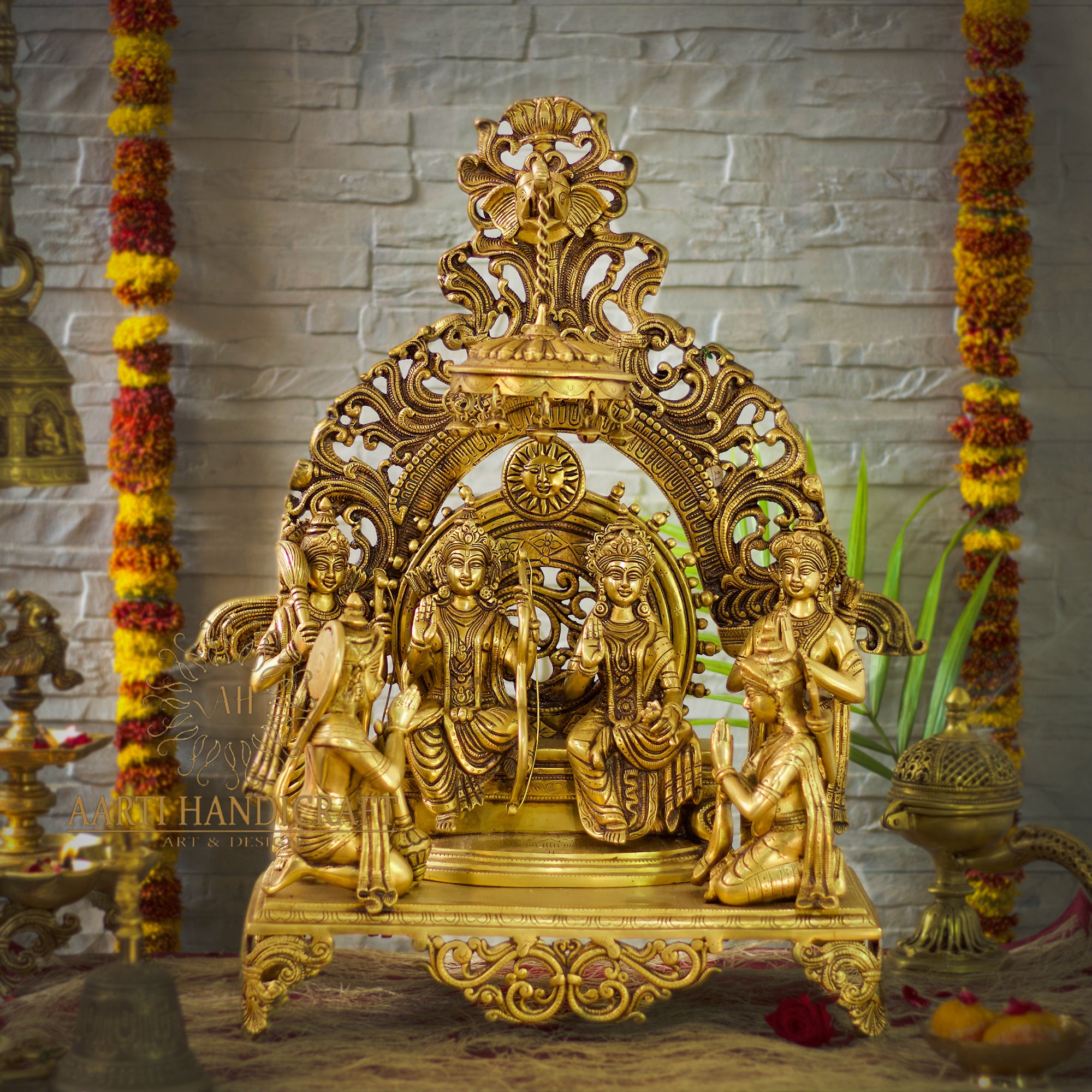 Pure Brass Ram Darbar Idol | Complete Family with Intricate Arch | 23 Inch