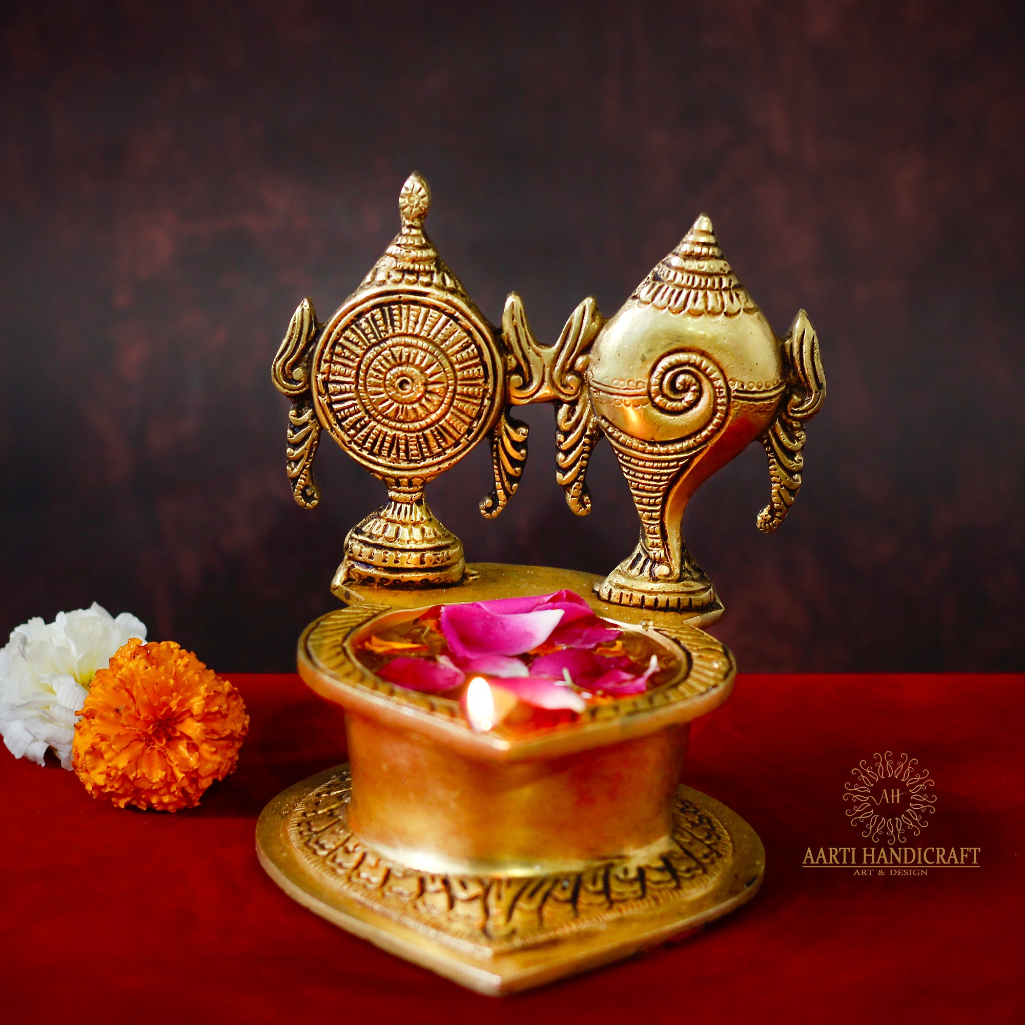 Divine Shankh Chakra Brass Diya With Single Burner | 5 Inch