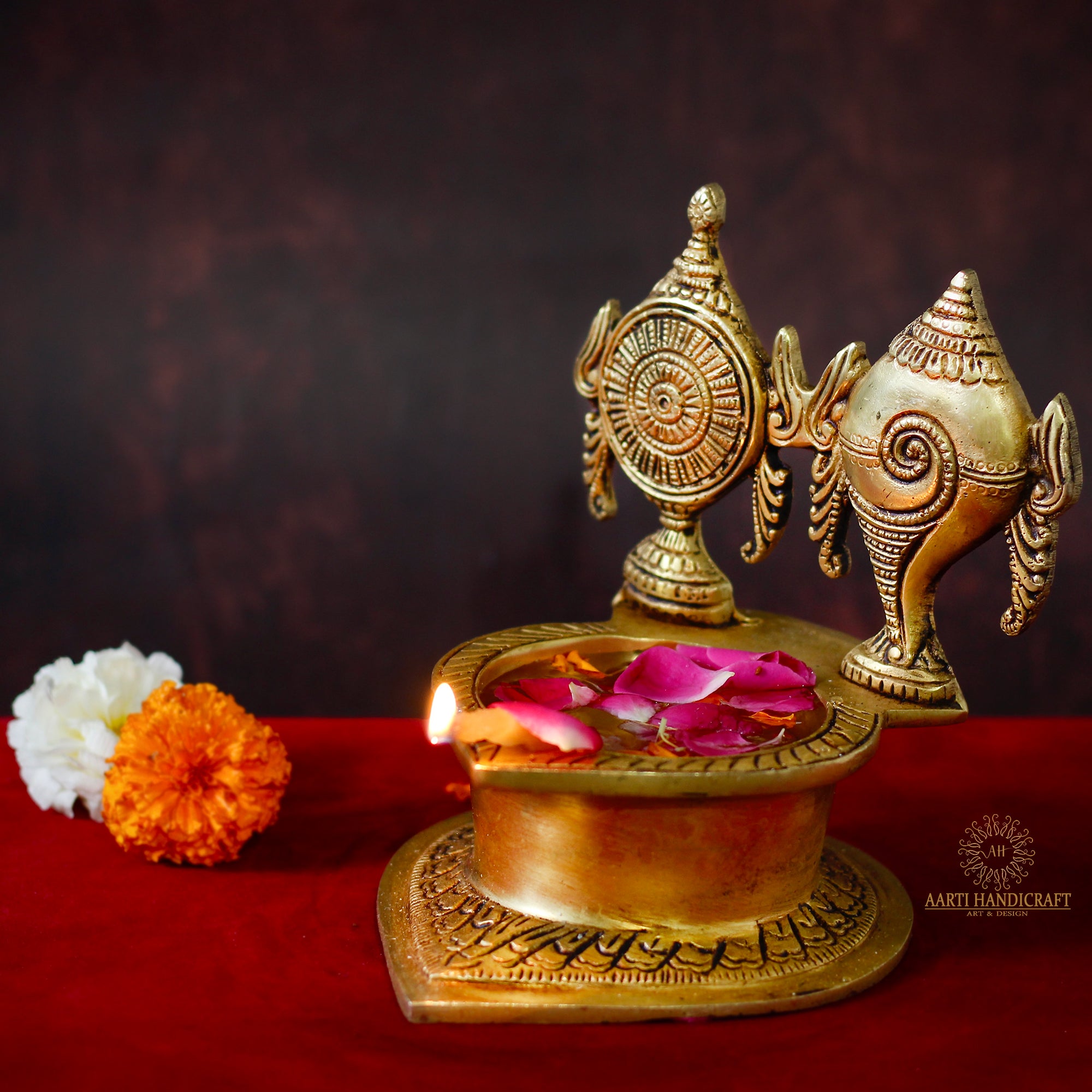 Divine Shankh Chakra Brass Diya With Single Burner | 5 Inch