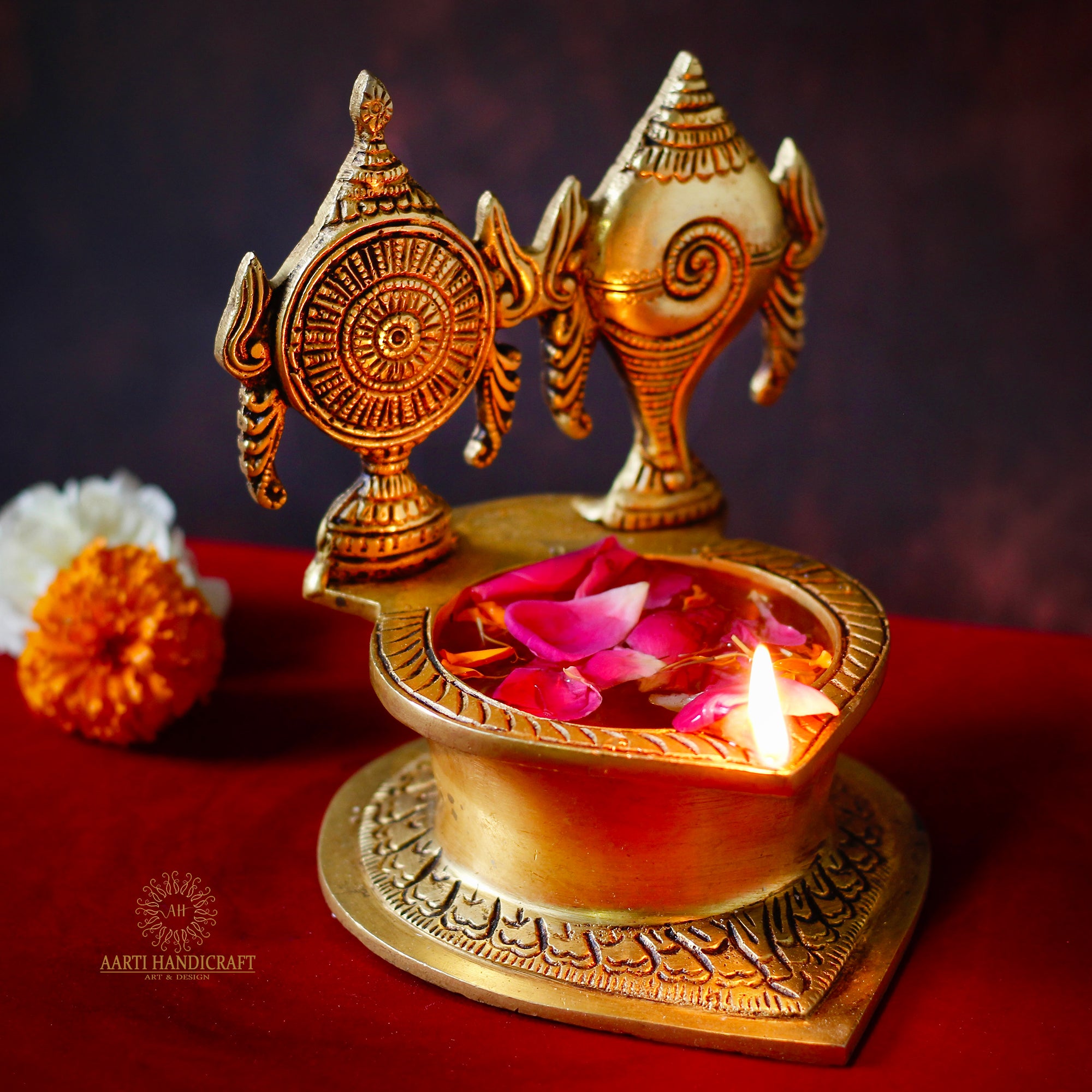 Divine Shankh Chakra Brass Diya With Single Burner | 5 Inch