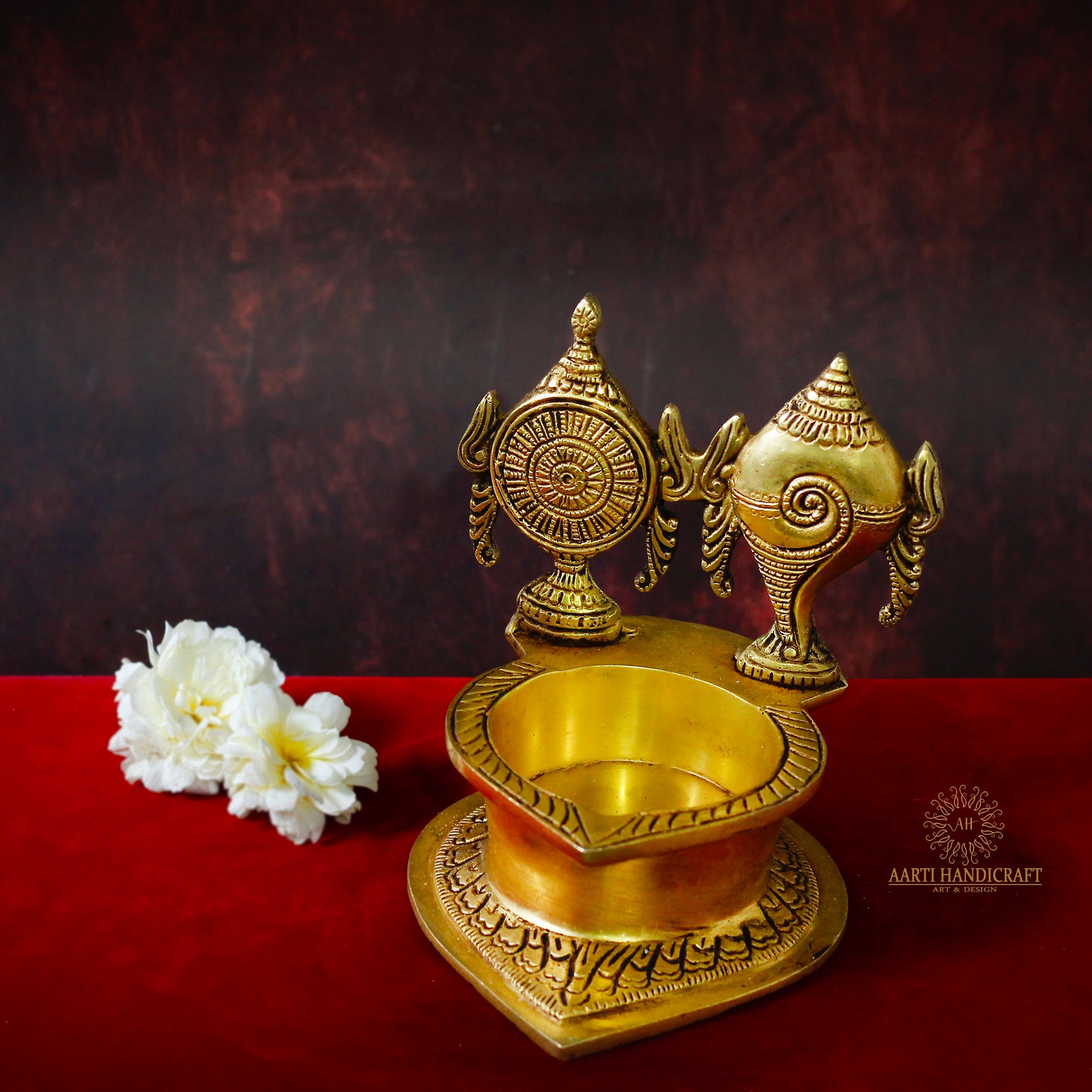 Divine Shankh Chakra Brass Diya With Single Burner | 5 Inch