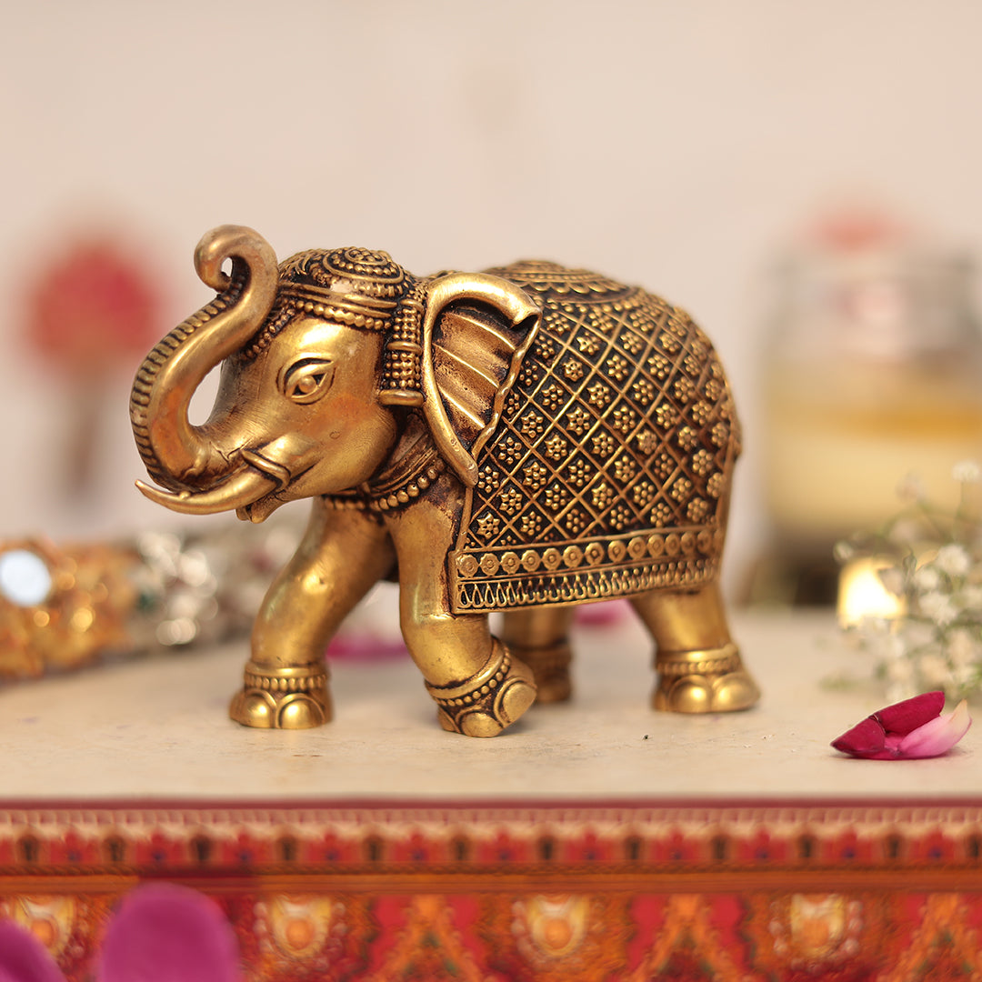 Brass Elephant with Detailed Carving In 4 Inches