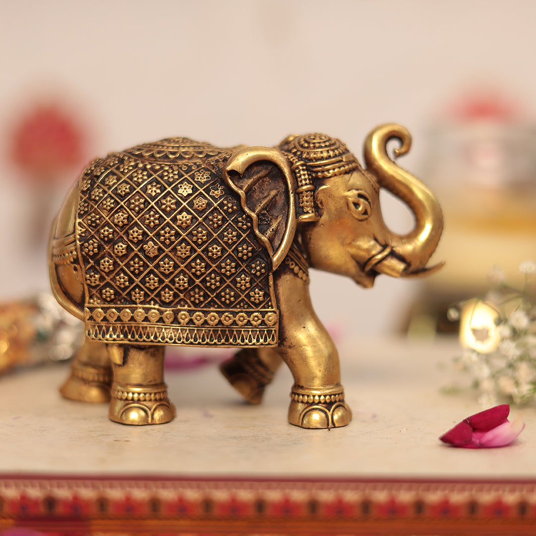 Brass Elephant with Detailed Carving In 4 Inches