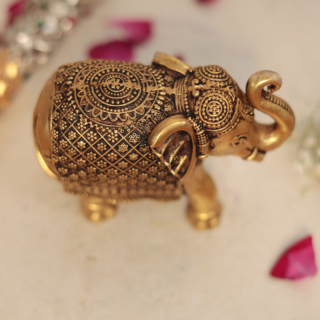 Brass Elephant with Detailed Carving In 4 Inches