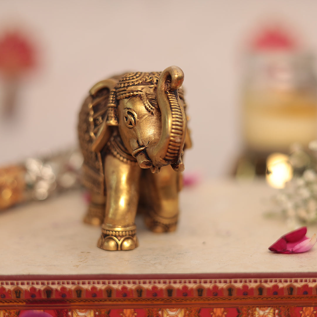 Brass Elephant with Detailed Carving In 4 Inches