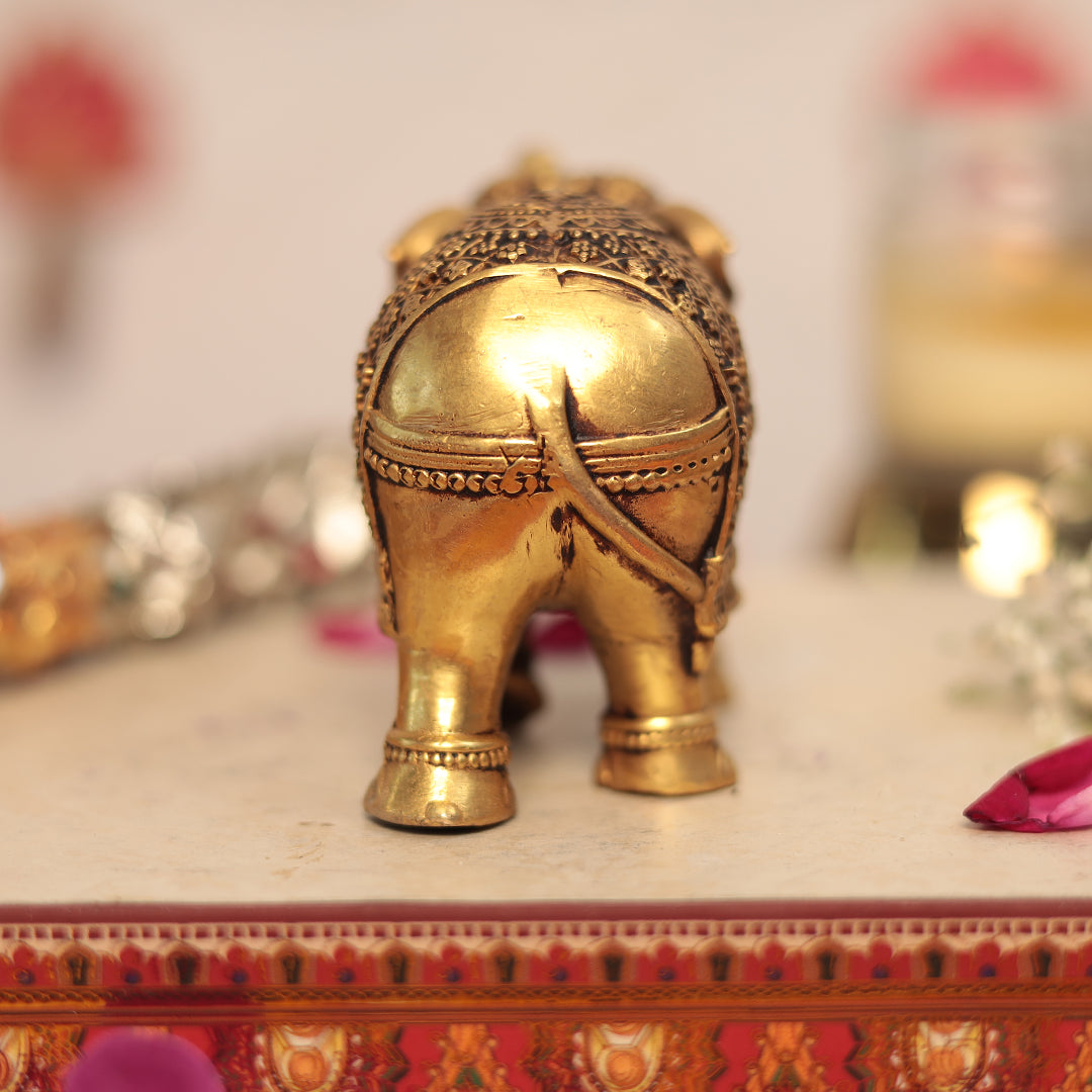 Brass Elephant with Detailed Carving In 4 Inches