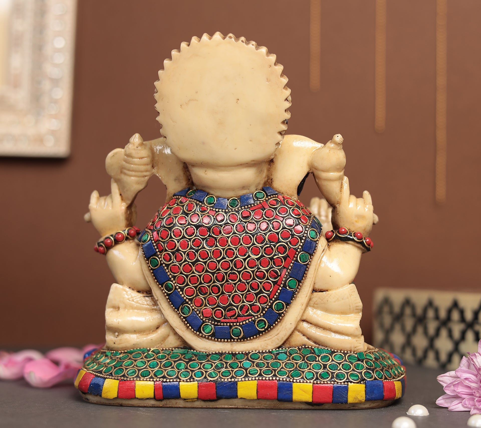 Superfine Work Ganesha Idol With Gem Stone Work | Resin (Marble Dust)