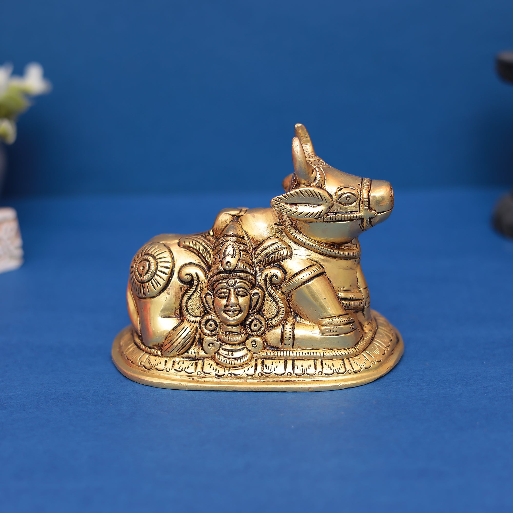 Premium Brass Nandi Idol Featuring Shiva Face Carving in 4 inches