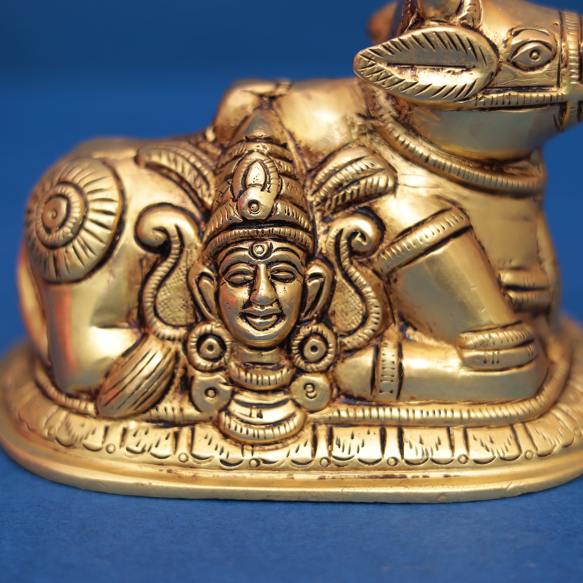 Premium Brass Nandi Idol Featuring Shiva Face Carving in 4 inches