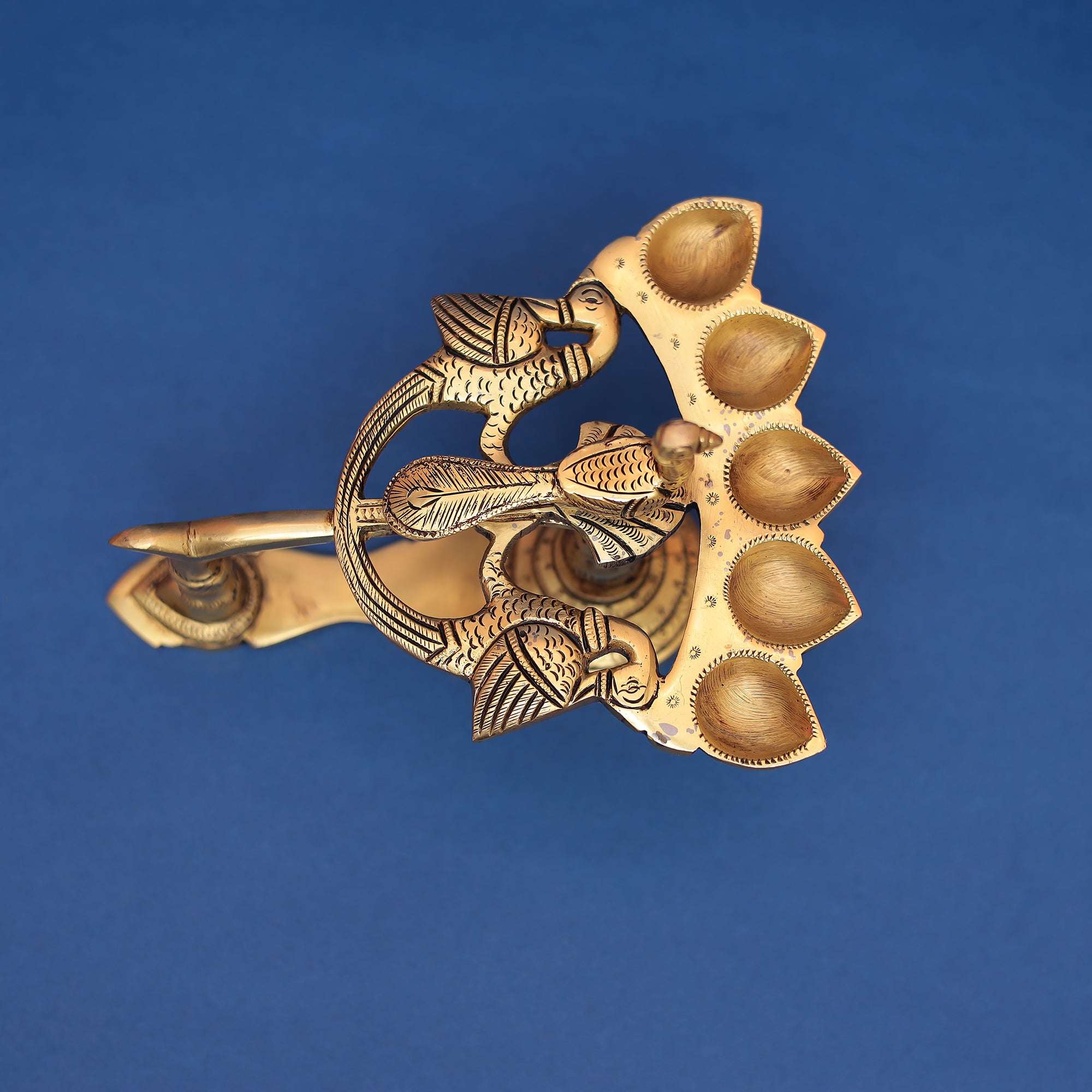 Brass Panch Aarti Diya with Peacock in 5"inch