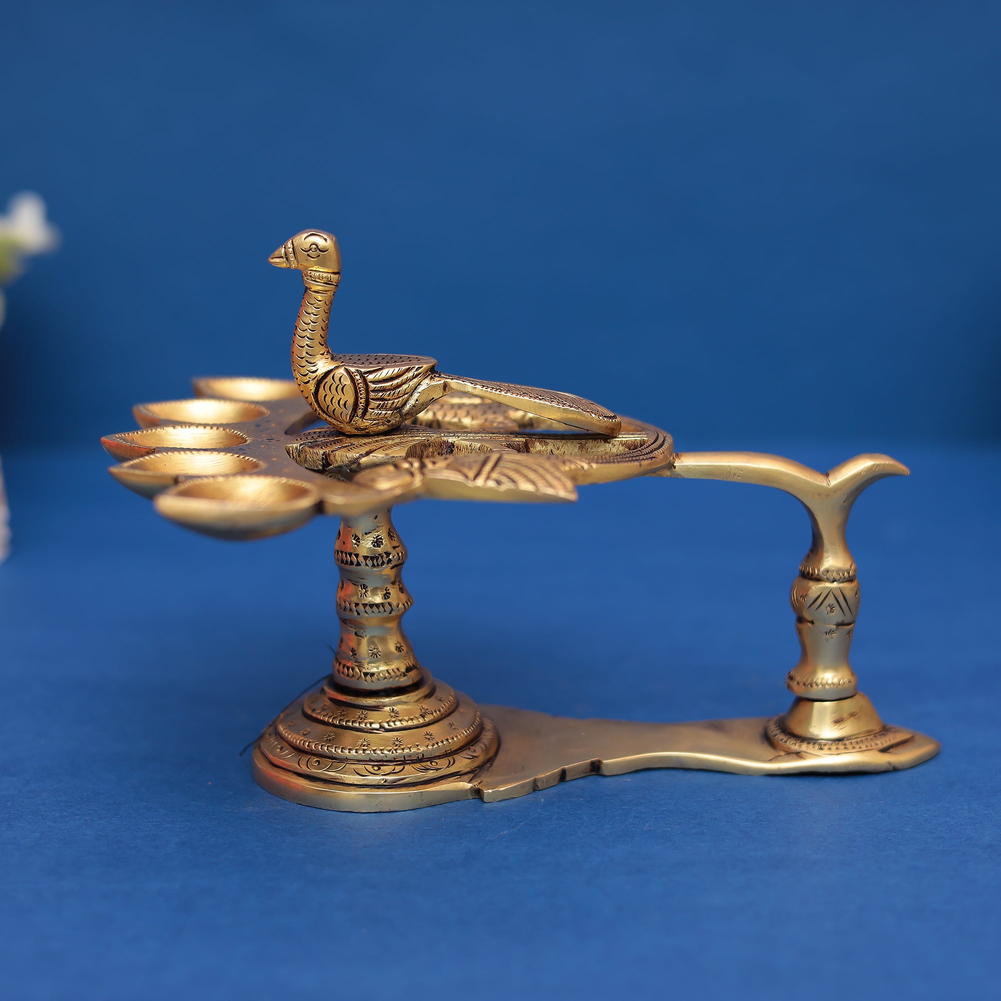 Brass Panch Aarti Diya with Peacock in 5"inch