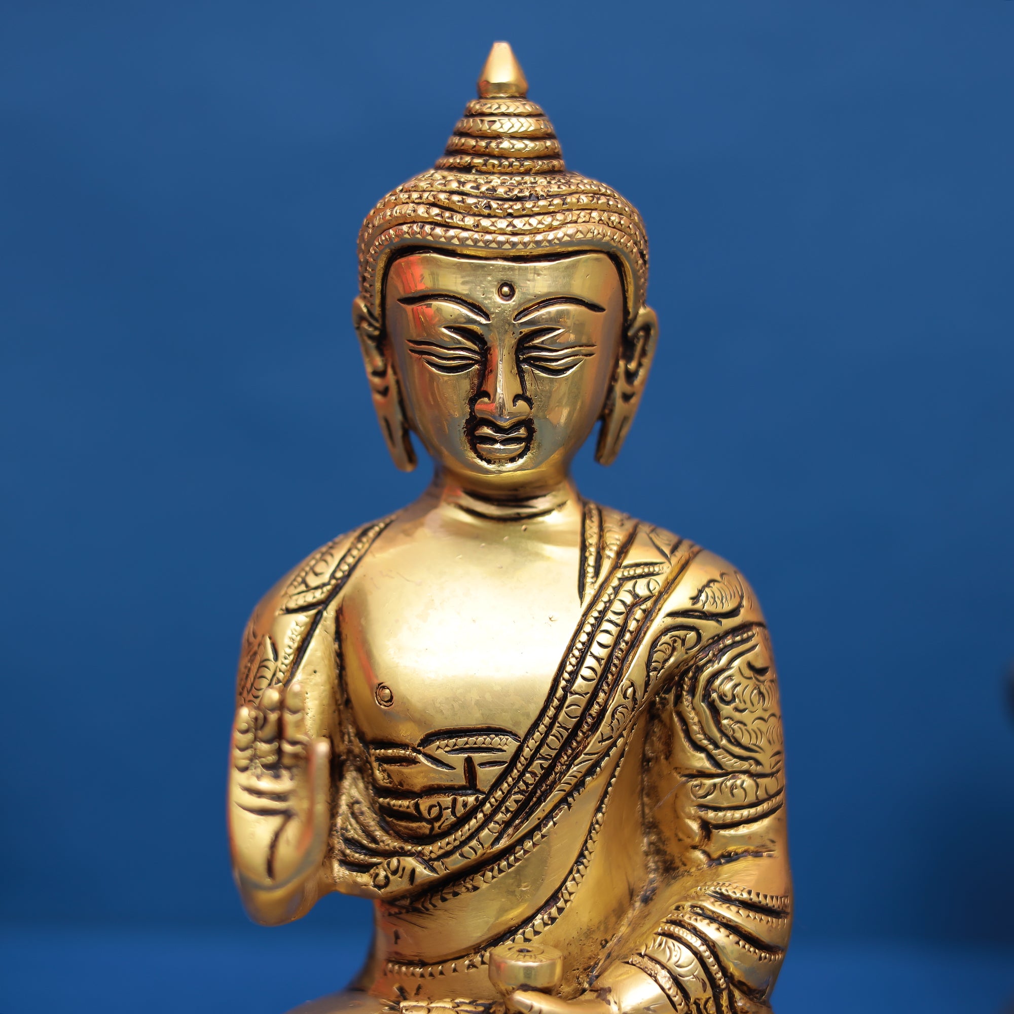 Buddha Brass Statue with Mythological Impressions 10" INCH