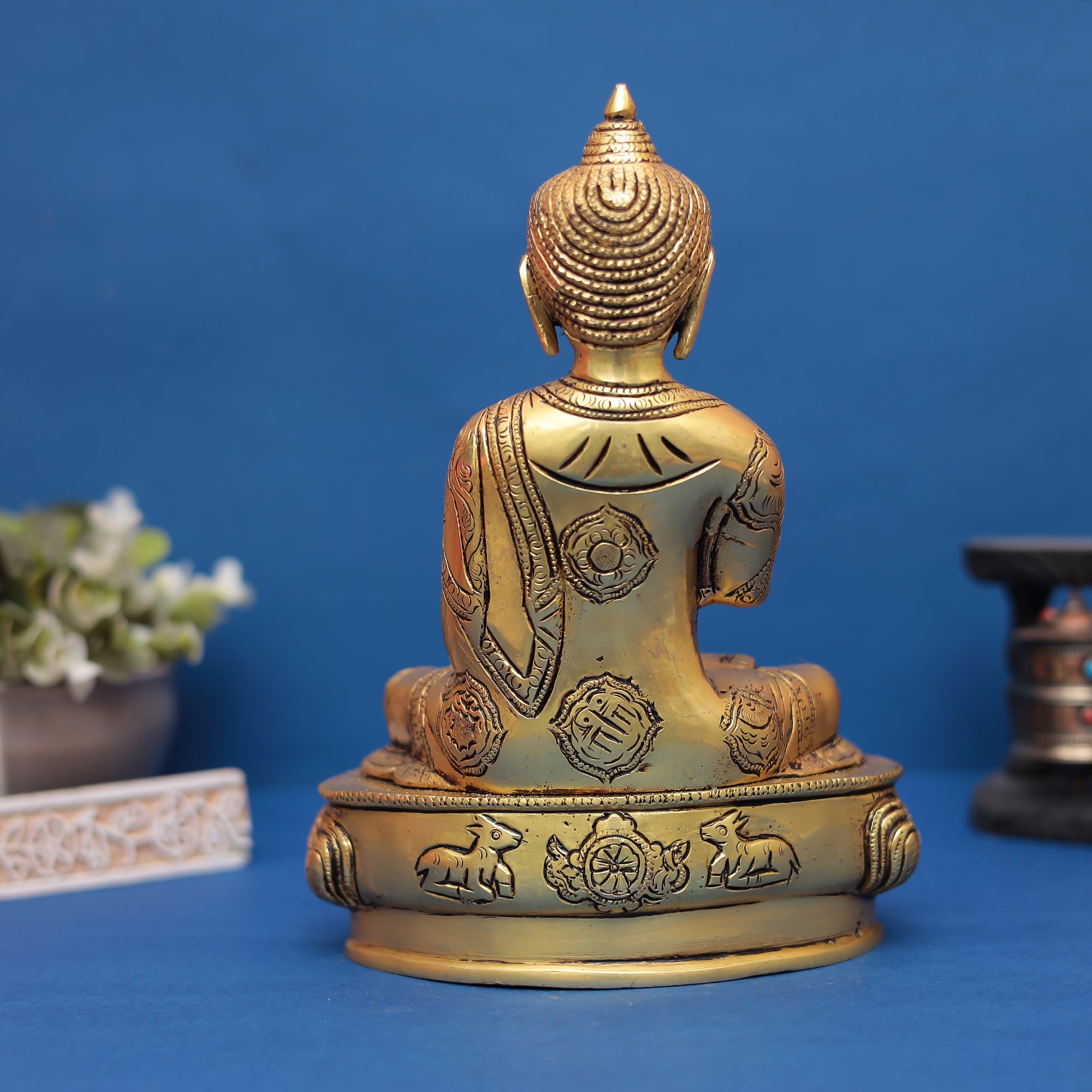 Buddha Brass Statue with Mythological Impressions 10" INCH