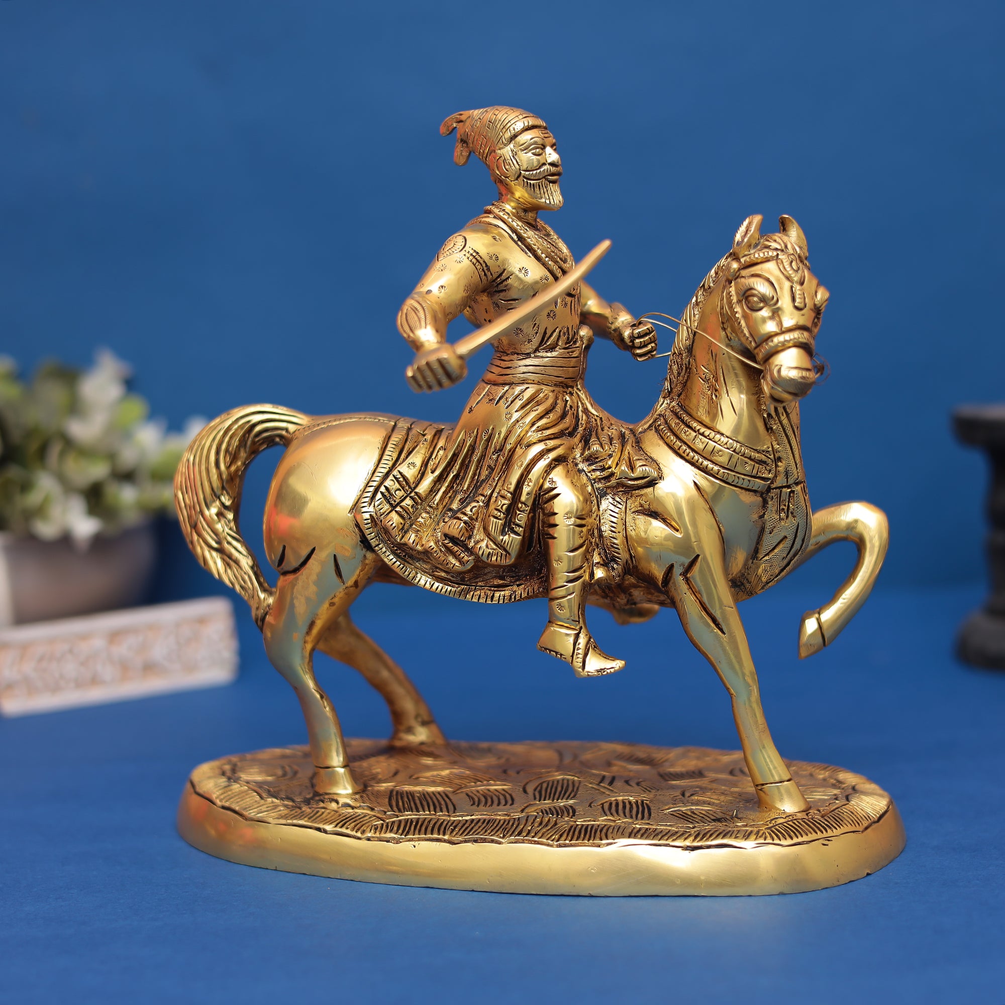 Brass Chhatrapati Shivaji Maharaj on Horse Statue 9" INCH
