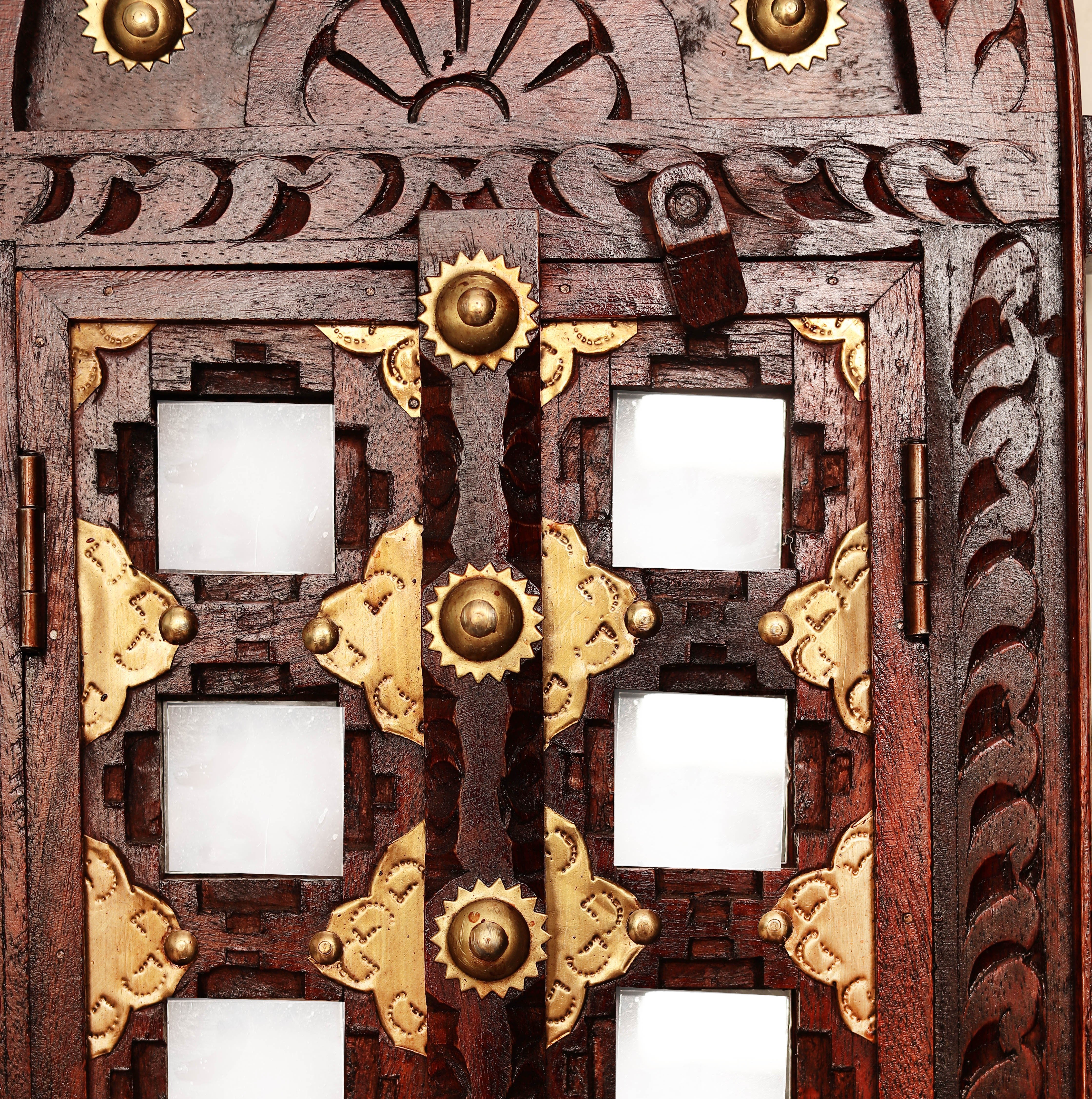 Wall Hanging Hand Carved Wooden Vintage Winndow/Jharokha, Brass Inlaid antique Furniture