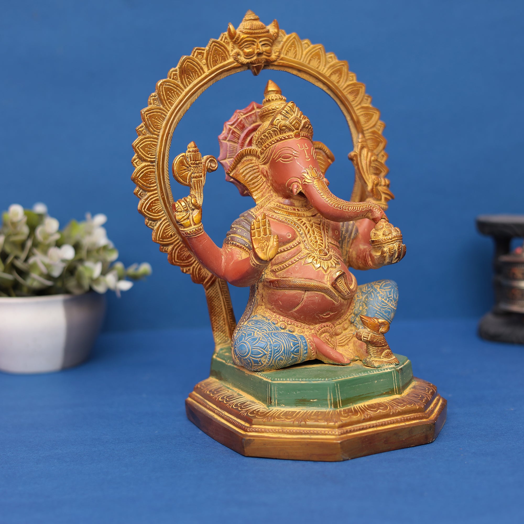 Lord Ganesha Idol with Ornate Prabhavali – In Brass 11" INCH