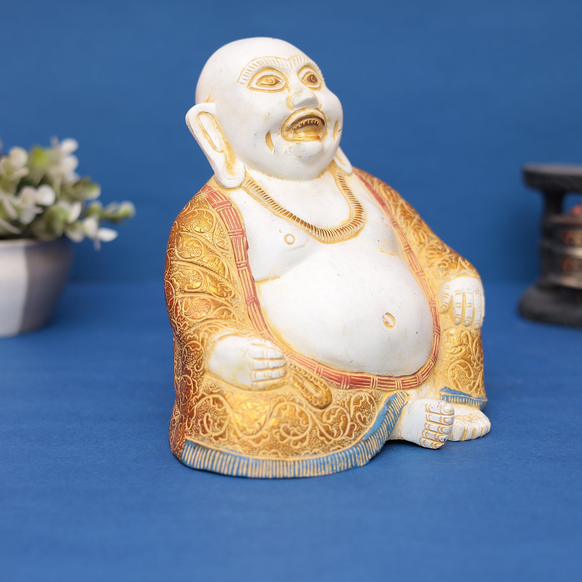 Laughing Buddha Murti – Symbol of Good Luck, Happiness & Prosperity (Brass Finish) 9" INCH