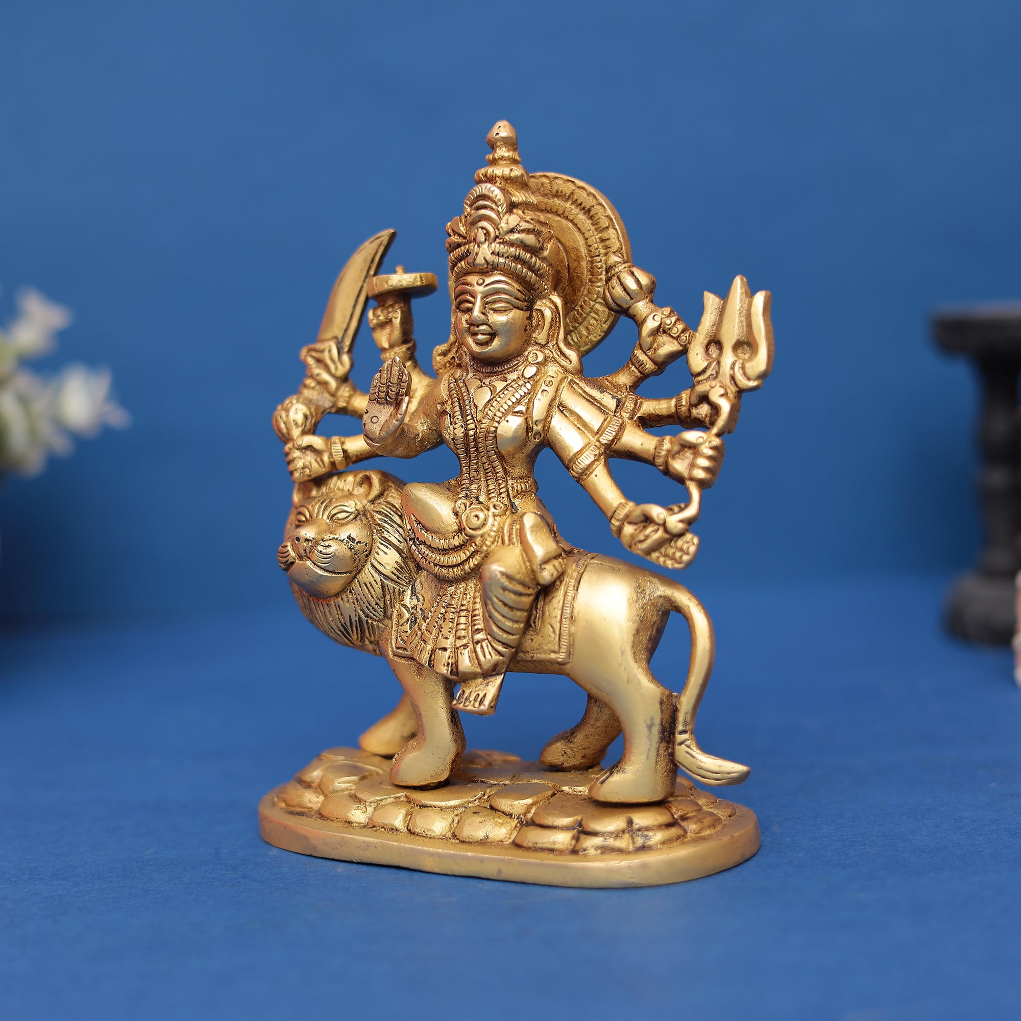 Pure Brass Goddess Durga Idol on Lion 7" INCH